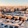 Ridaelamute grupp talvises metsas päikeseloojangul